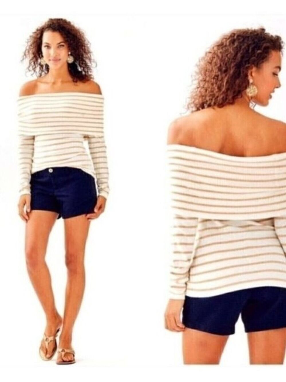 Lilly Pulitzer Tan Ivory Coastal Shell Striped Christin Off The Shoulder Sweater